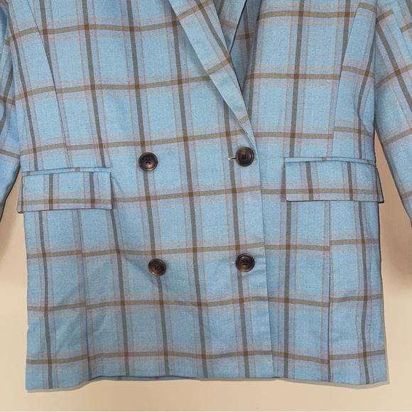 Asos Oversized Blazer US4 Sky Blue Plaid Double Breasted With Shoulder Pads NEW! - Picture 8 of 10